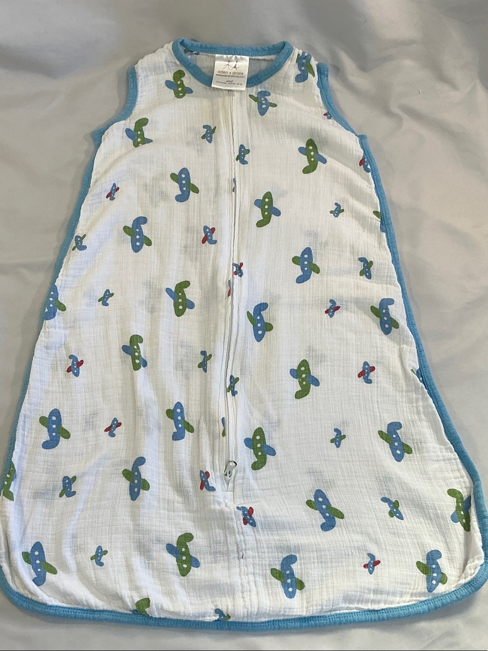 aden + anais White Muslin Sleep Sack with Blue Trim and Green/Blue Airplanes
